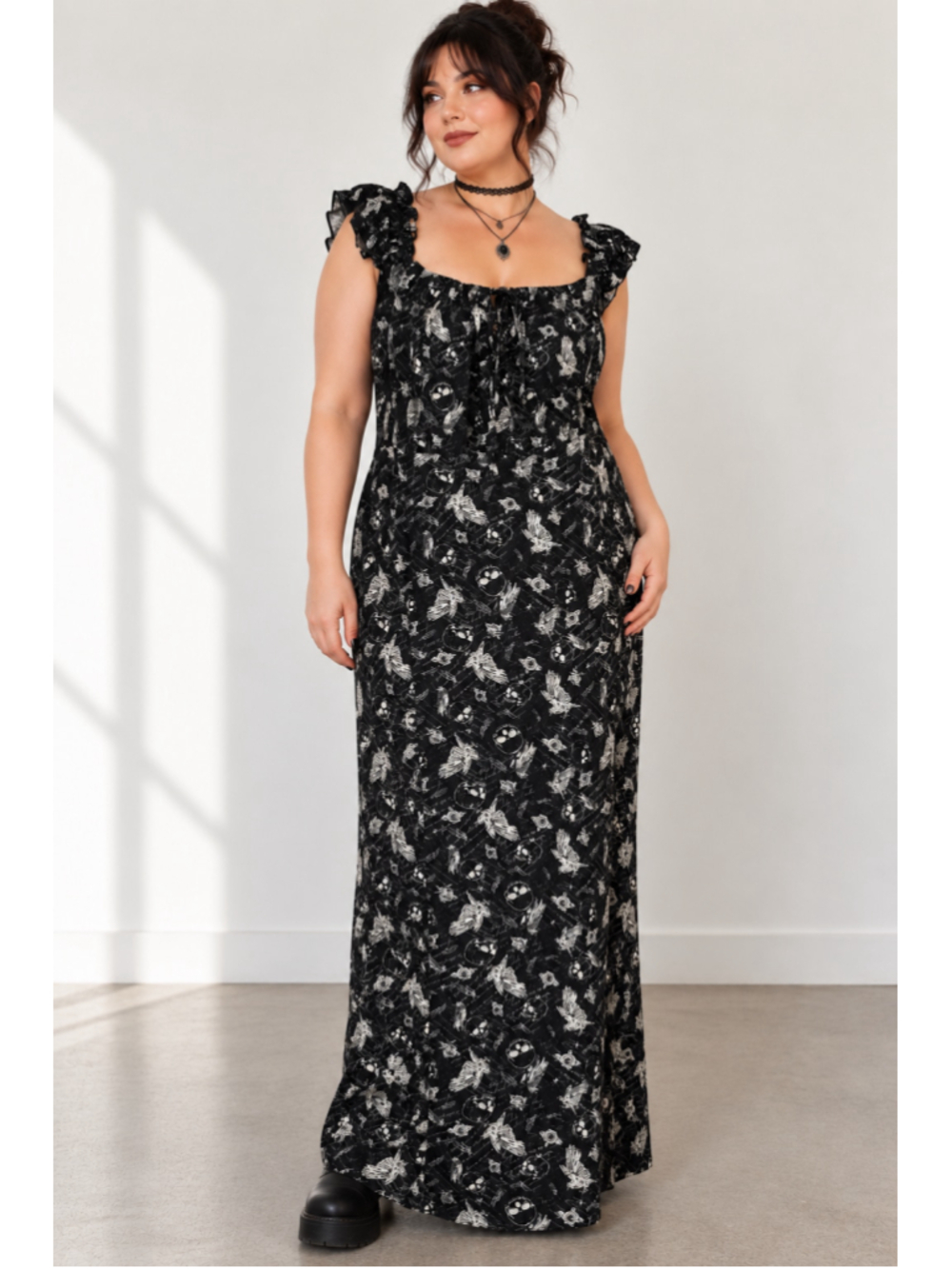 Hot Topic Size 2 Plus Gothic Raven Skull Rose Maxi Dress Rare Sample Style